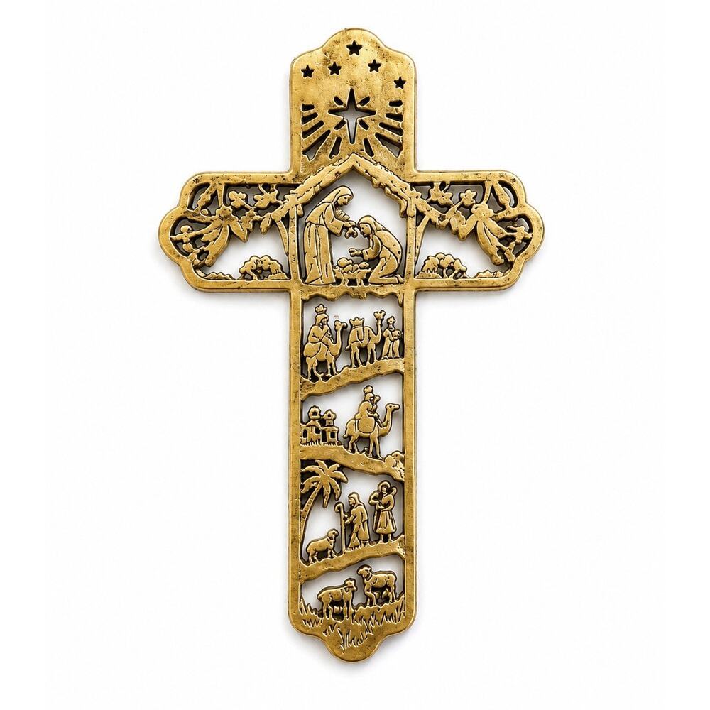 Nativity Wall Cross Gold Tone Resin Christmas Religious Wall Decor 12”